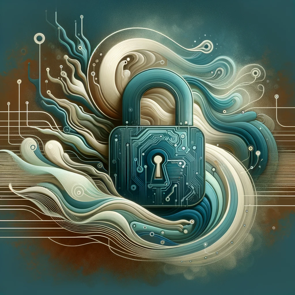 Teal and brown lock with data lines to abstractly represent privacy policy